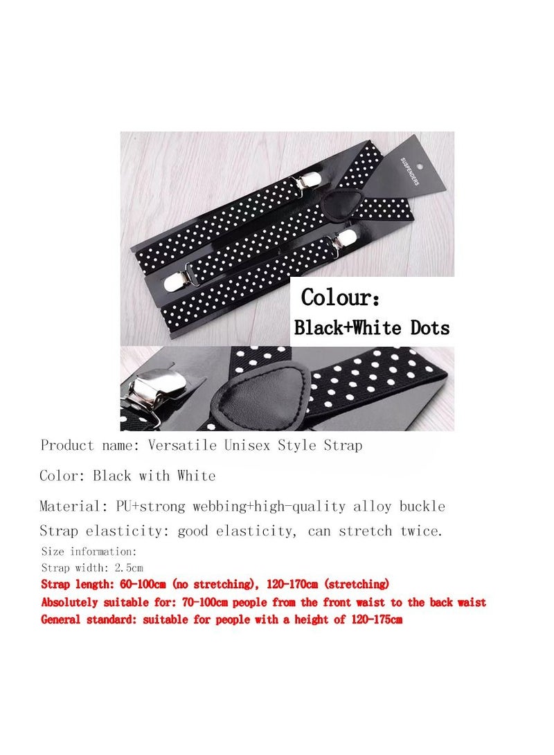 1-Piece 2.5CM Width Adjustable Elastic Y Style Suspenders,Unisex Braces for Men and Women With Strong Metal Clips,Colour Black and White Dots - Image 1