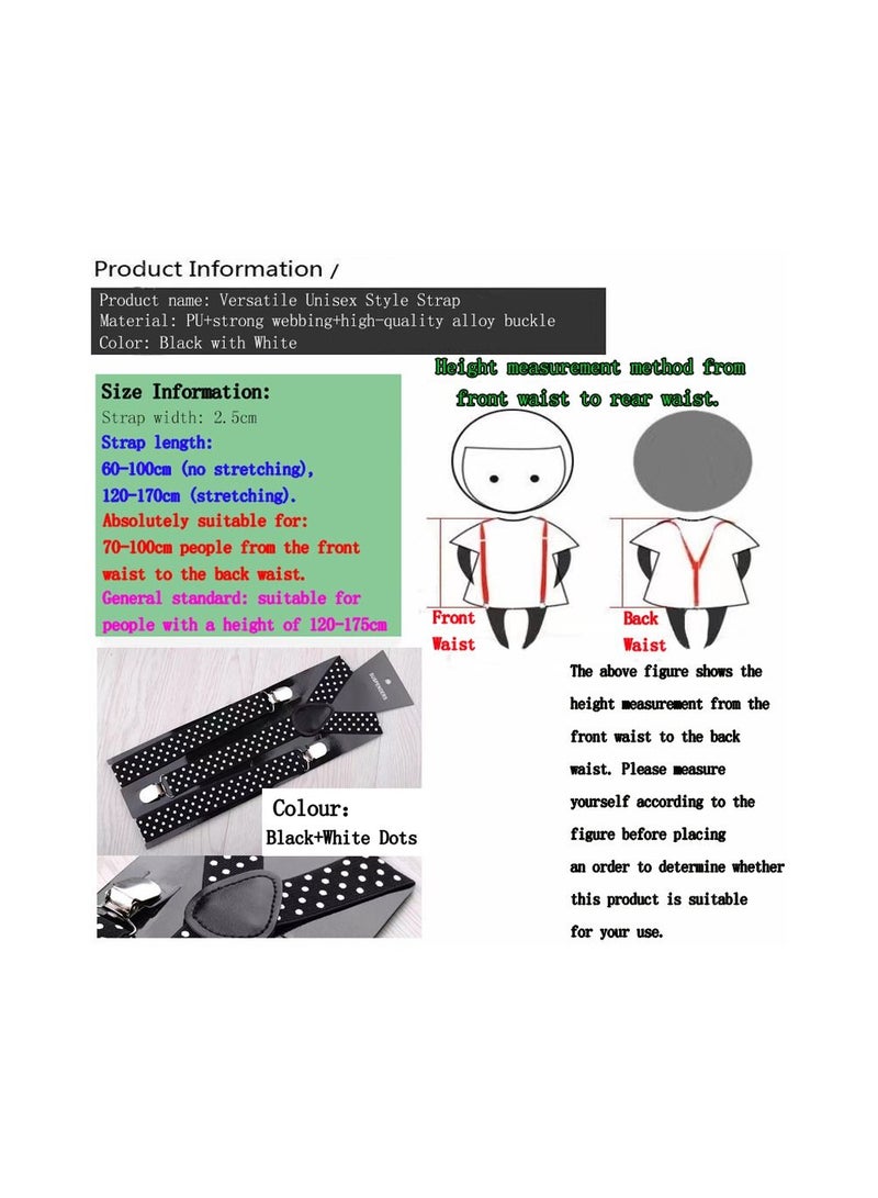 1-Piece 2.5CM Width Adjustable Elastic Y Style Suspenders,Unisex Braces for Men and Women With Strong Metal Clips,Colour Black and White Dots - Image 2
