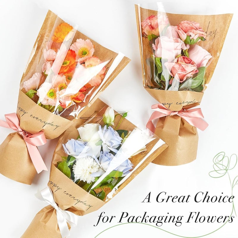 ChicAbode 20 Pcs Bouquet Wrapping Bags, 11 x 5.1 x 17.3in Kraft Paper Sleeves for Floral Arrangements, Clear Wrap for Gift Packaging, Mother's Day, Anniversary, Wedding (Kraft) - Image 5