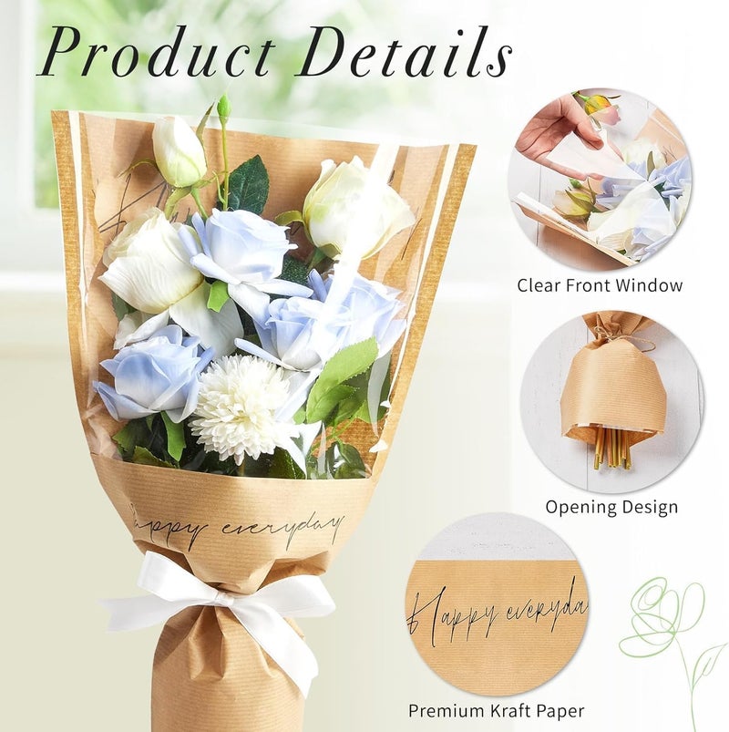ChicAbode 20 Pcs Bouquet Wrapping Bags, 11 x 5.1 x 17.3in Kraft Paper Sleeves for Floral Arrangements, Clear Wrap for Gift Packaging, Mother's Day, Anniversary, Wedding (Kraft) - Image 3