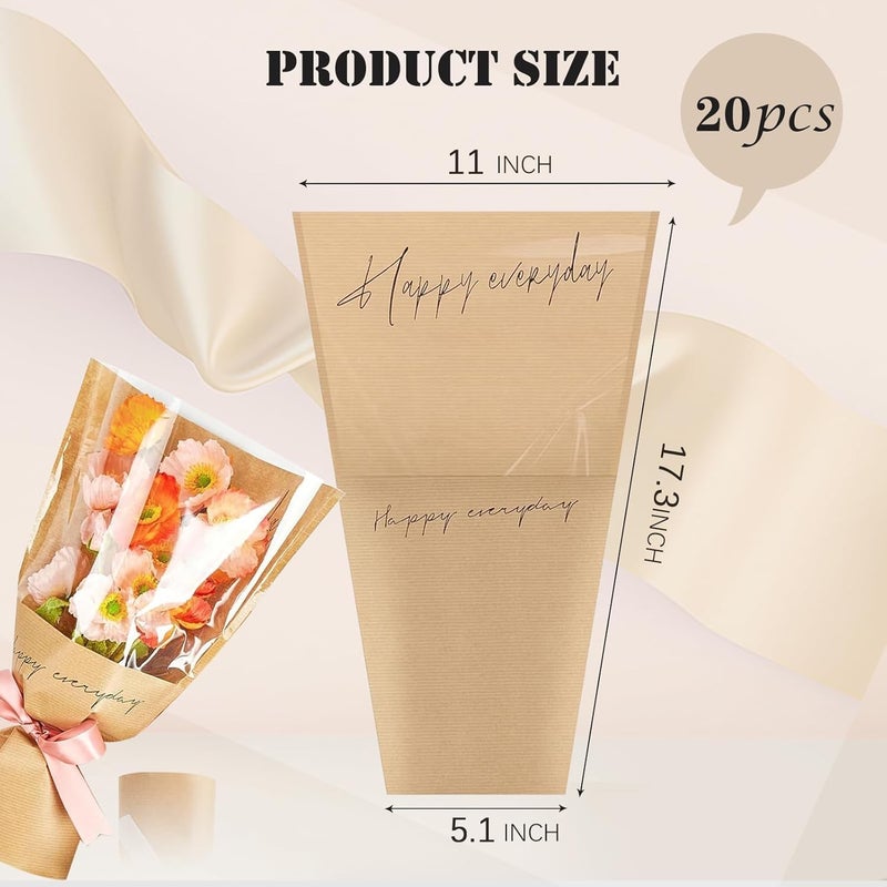 ChicAbode 20 Pcs Bouquet Wrapping Bags, 11 x 5.1 x 17.3in Kraft Paper Sleeves for Floral Arrangements, Clear Wrap for Gift Packaging, Mother's Day, Anniversary, Wedding (Kraft) - Image 2