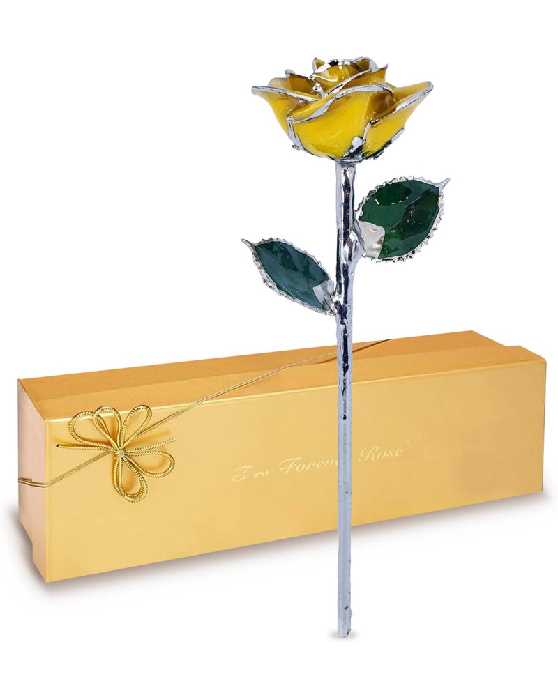 Forever Rose Real Yellow Rose with Platinum Trimmed Petals and Platinum Stem Handcrafted Preserved Rose in Luxury Gold Gift Box Romantic Gift for Her Elegant Gift for Any Occasion
