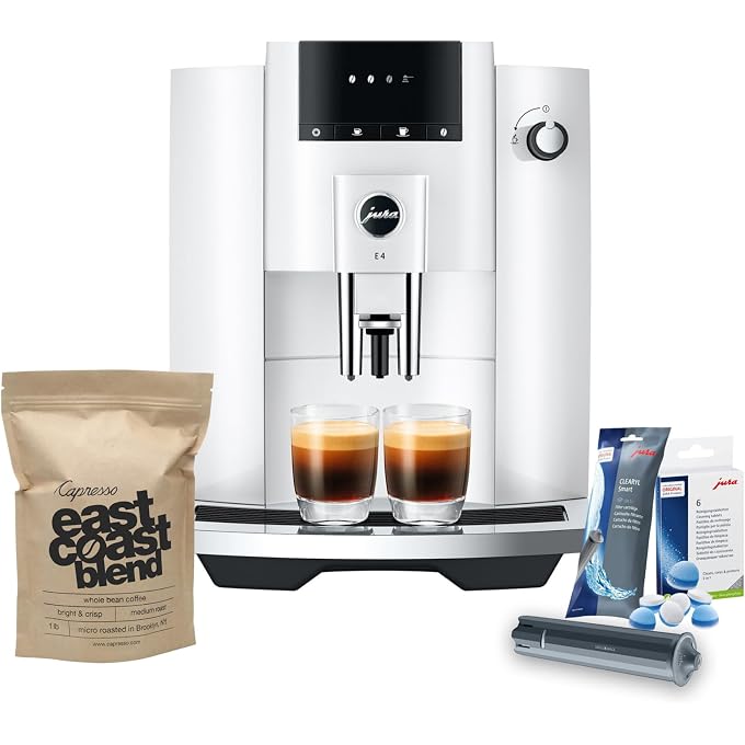 jura E4 Automatic Coffee and Espresso Machine, Piano White (White, 4 Items) | Includes Clearyl Smart Plus Filter, 6 3-Phase Cleaning Tablets, 1 Lb East Coast Blend Whole-Bean Coffee - Image 1