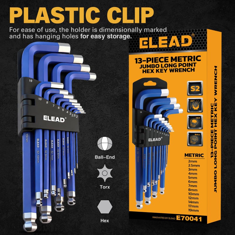ELEAD Jumbo Hex Key Allen Wrench Set | 13-Piece Metric 2-19mm | Long Ball End Durable S2 | 4" - 13.5" Long | Automotive | Mechanic | Furniture | Professional Grade Tools - Image 2