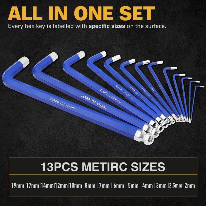 ELEAD Jumbo Hex Key Allen Wrench Set | 13-Piece Metric 2-19mm | Long Ball End Durable S2 | 4" - 13.5" Long | Automotive | Mechanic | Furniture | Professional Grade Tools - Image 3