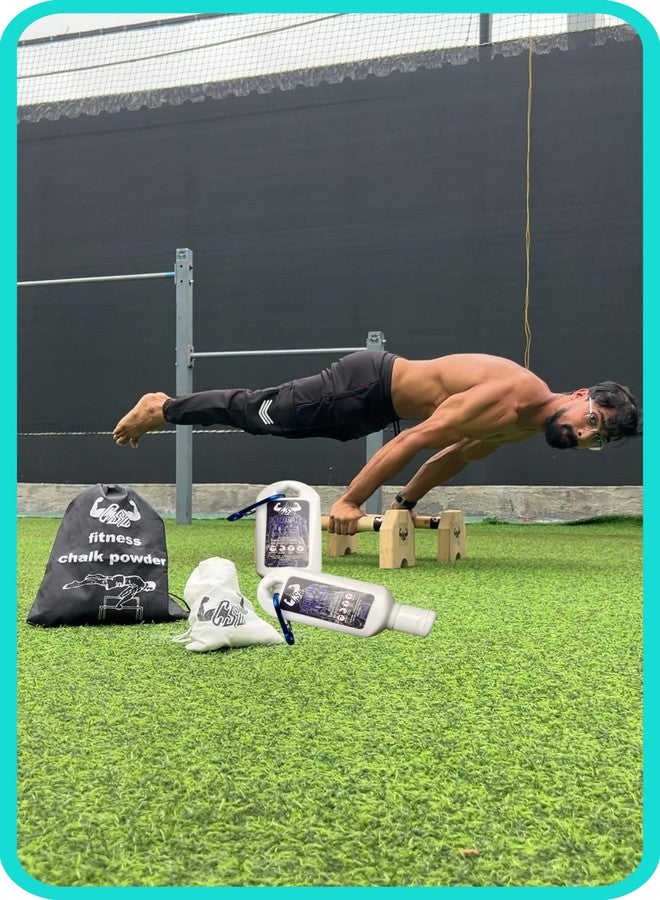 Calistreet workout مسحوق طباشير كالي ستريت للتمارين الرياضية في الصالات الرياضية | تمارين وزن الجسم | الجمباز | تسلق الصخور | الرفعة المميتة | التمارين الهوائية | رفع الأثقال | الرقص | قبضة فائقة من كربونات المغنيسيوم (عبوة من 200 غرام من الطباشير وعبوتين من الطباشير السائل) - Image 1