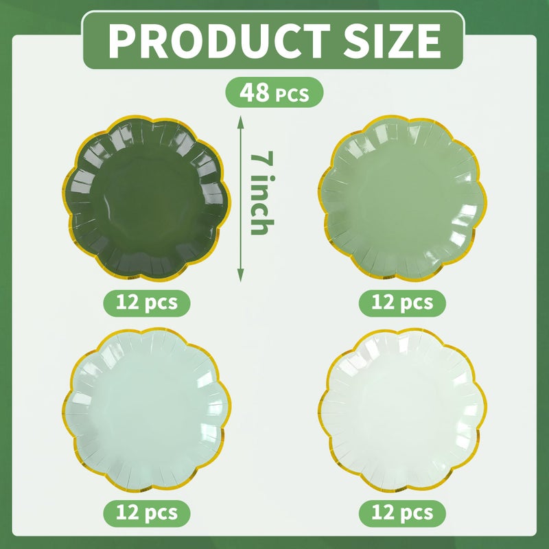 AimFun Sage Green Party Plates Gradient Green Dessert Paper Plate 7inch Gold Foil Scalloped Edge Disposable Cake Plates for Christmas Birthday Bridal Baby Shower Wedding Party Supplies (48) - Image 2