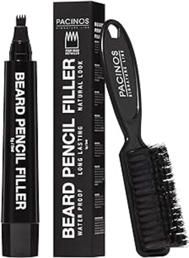 قلم تحديد اللحية من Pacinos - مقاوم للماء، تغطية تدوم طويلاً وتشطيب طبيعي - للحية والشارب والحاجبين - طرف شوكة صغير لتطبيق سلس - يتضمن فرشاة شعيرات للمزج (أسود)