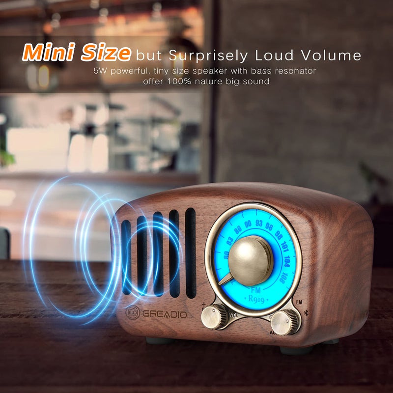 Greadio Vintage Greadio Walnut Wood Bluetooth Speaker Radio - Retro Style, Bass Enhancement, Loud Volume, Bluetooth 5.0, MP3 & FM Radio - Image 5