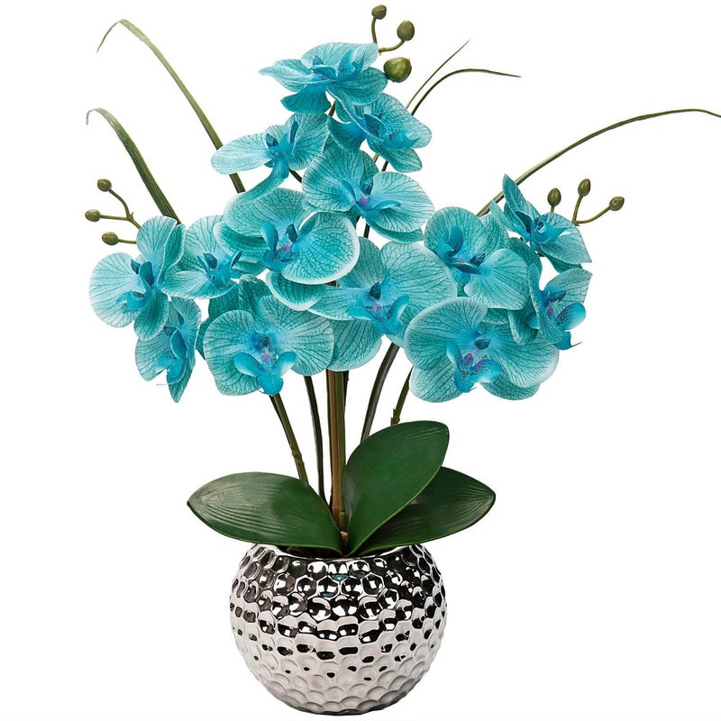 Briful Artificial Orchids Flowers 20 Teal Blue Faux Orchid Arrangement with Silver Vase Fake Phalaenopsis Silk Orchid for Home Office Living Room Table Decor