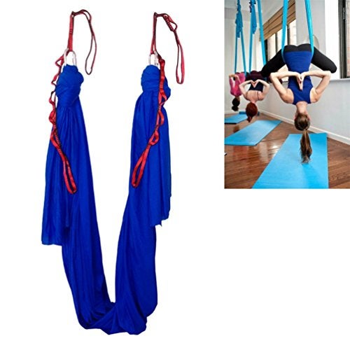 WELLSEM 55 Yards 5mSet Elastic Pilates Yoga Aerial Swing Yoga Hammock with CarabinerDaisy Chain Deep Blue - Image 1