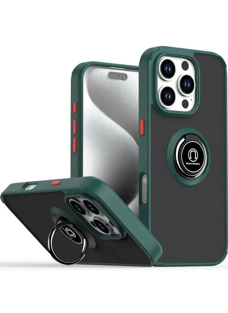 Raxoom iPhone 16 Pro Case Cover â€“ Green Matte Shockproof Bumper with Metal Ring Holder Kickstand & Car Magnetic Mount - Image 1
