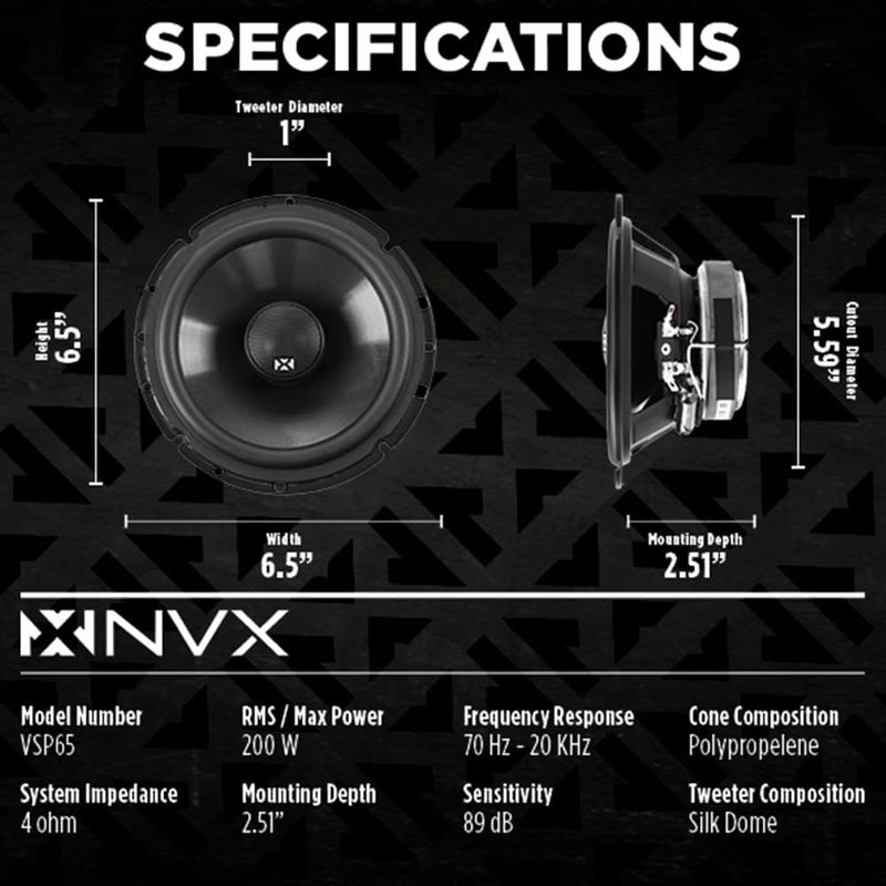 NVX VSP65 6.5" Premium Car Speakers, 600W Max, 200W RMS, 2-Way 6-1/2 inch Coaxial w/ 1" Silk Dome Tweeters & Built-in X-Overs, Easy to Install in Cars/Trucks/Doors (Pair) - Image 4
