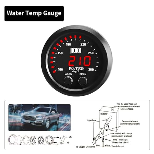ZHSYMX Universal 52mm Water Temperature Gauge 100-300F(38-150C) Electronic Red Digital LED DC12V for Car Automotive with Joint Pipe Radiator Sensor Adaptor Blue 38MM - Image 2