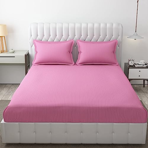 FRESH FROM LOOM Microfiber Wrinkle Resistant | Soft Skin Safe | Breathable King Size Flat Striped Bedsheets | Hotel & Home | Double Bedsheet Set With 2 Pillow Covers (108X108 Inches Pink), 144 Tc - Image 1