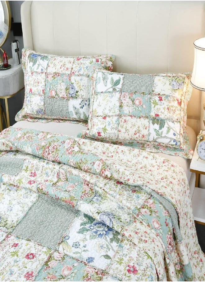 Brandream Brandream Queen Size Green Floral Patchwork Quilts Cotton Country Comforter Quilted Bedspread Coverlet Set Lightweight  - Image 1
