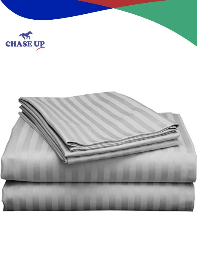 تشيس اب طقم مخطط من 3 قطع - ملاءة مسطحة واحدة 220 × 240 سم مع 2 غطاء وسادة؛ رمادي فاتح، المقاس: مزدوج - Image 1