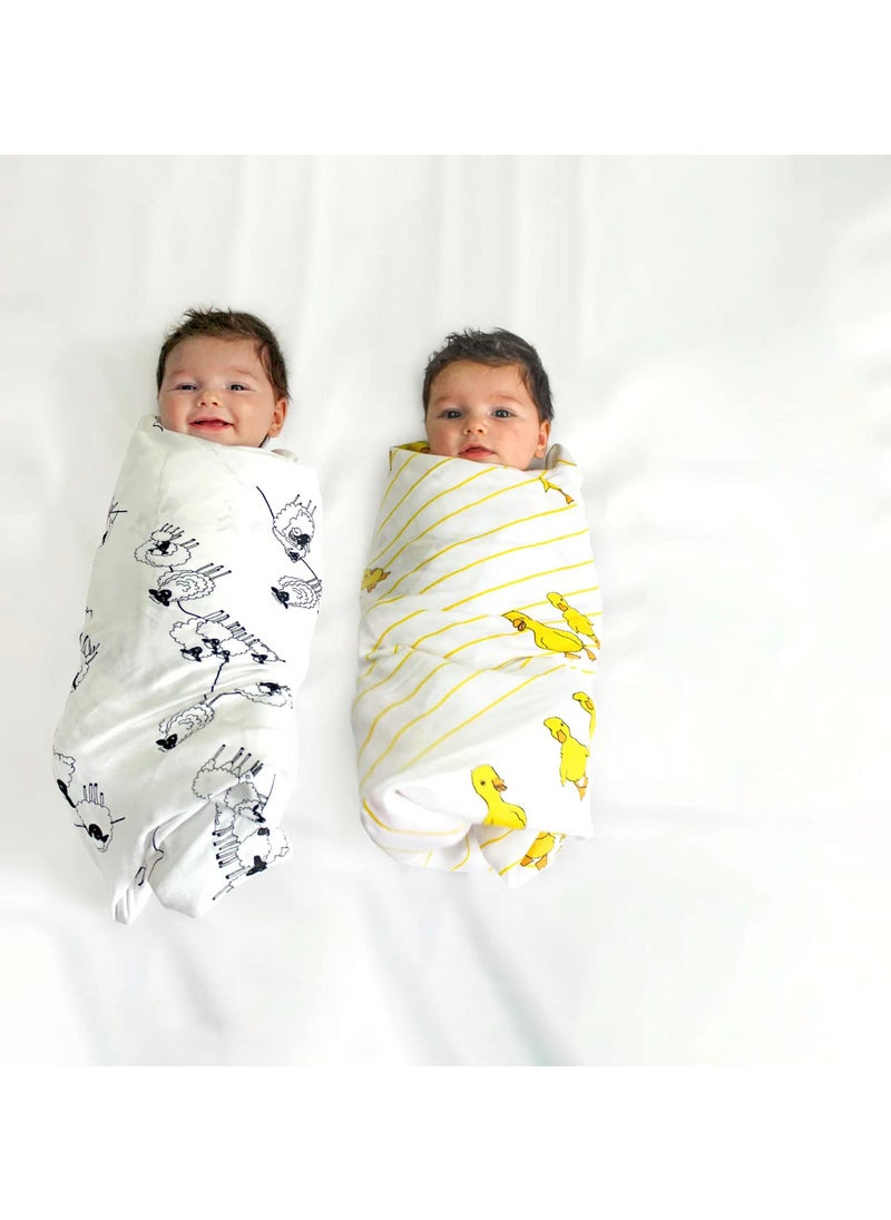 TinyLane - Curated for you! TinyLane Curated for you 100 Organic Bamboo Muslin Swaddle New Born Baby 06 Months 90x90 cm Multi Color Skin Friendly Duck Sheep Pack of 2 
