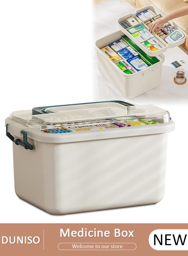 DUNISO Medicine Box Plastic Medicine Storage Box Family Emergency Kit Medical Kit 2 Layers Home First Aid Box Child Proof Medicine Box Organizer Pill Case with Compartments and Handle