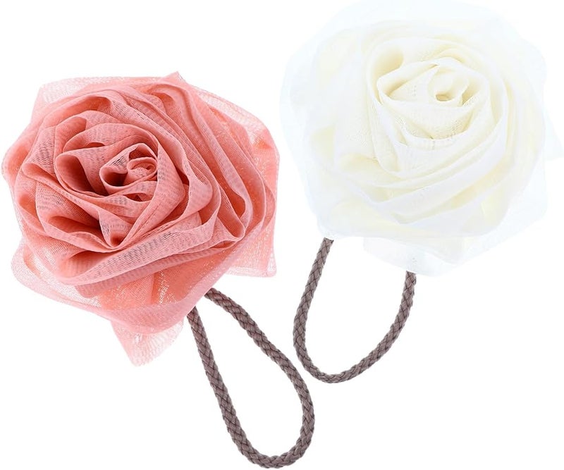 Pink And White Exfoliating Bath Loofah Pouf Set Of 2 Soft Foaming Shower Puff For Women Body Wash - Image 1