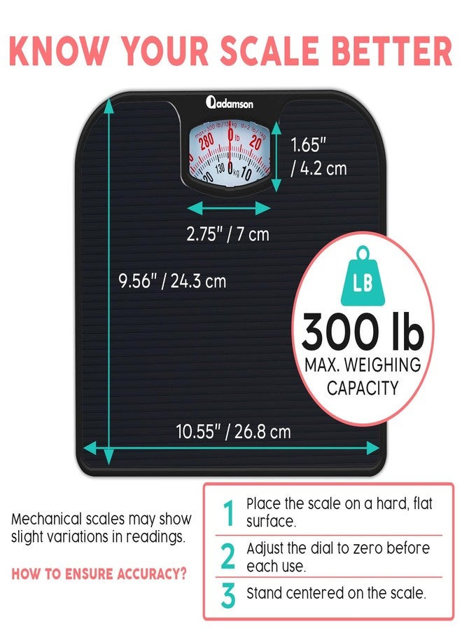 Adamson A21 Analog Scales for Body Weight - Up to 300 LB - New - Anti-Skid Rubber Surface - Large Numbers - Analog Bathroom Scale - Affordable - Durable with 20-Year Assurance - Full Black - Image 3