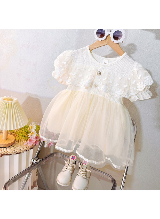 Beige Girls' Spring Summer Short Sleeve Gauze Dress Infant Baby Sweet Trendy Skirt