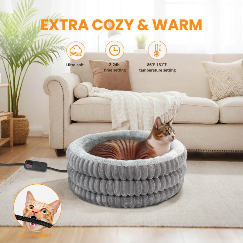 TECHTAIL Heated Cat Bed Indoor, 20" Round Donut Deep Sleep Calming Heated Pet Beds for Cats and Small Dogs, Comfort Electric Thermal Cat Warming Bed with Adjustable Heating Pad, Washable and Indoor Use - Image 2
