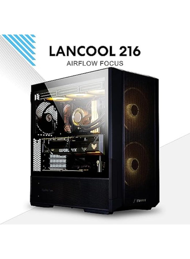 LIAN LI حافظة كمبيوتر LANCOOL 216 E-ATX، حافظة ألعاب RGB تركز على تدفق الهواء مع لوحات شبكية من جميع الجهات، مروحتان 160 مم ومروحة 140 مم مثبتة مسبقًا وحامل مروحة PCIe خلفي مبتكر (أسود) - Image 2