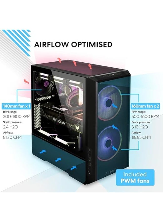 LIAN LI حافظة كمبيوتر LANCOOL 216 E-ATX، حافظة ألعاب RGB تركز على تدفق الهواء مع لوحات شبكية من جميع الجهات، مروحتان 160 مم ومروحة 140 مم مثبتة مسبقًا وحامل مروحة PCIe خلفي مبتكر (أسود) - Image 3