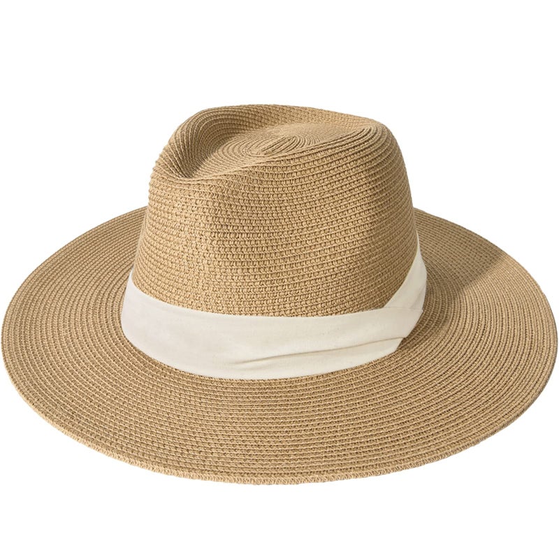 FURTALK Womens Mens Wide Brim Straw Panama Hat Fedora Summer Beach Sun Hats UPF Straw Hat for Women Khaki-Beige - Image 1
