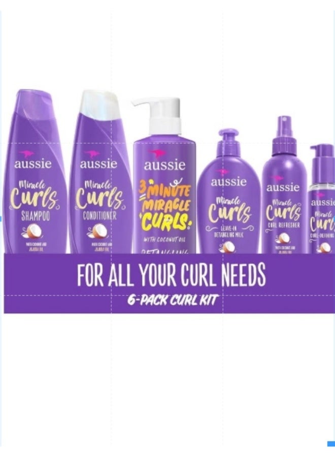 Aussie Miracle Curls Set: Shampoo, Conditioner, Deep Hydration, Spray Gel, Detangling Milk, and Oil Hair Treatment, Curl Oil, Coconut & Jojoba, Frizz Control, 6 Pieces