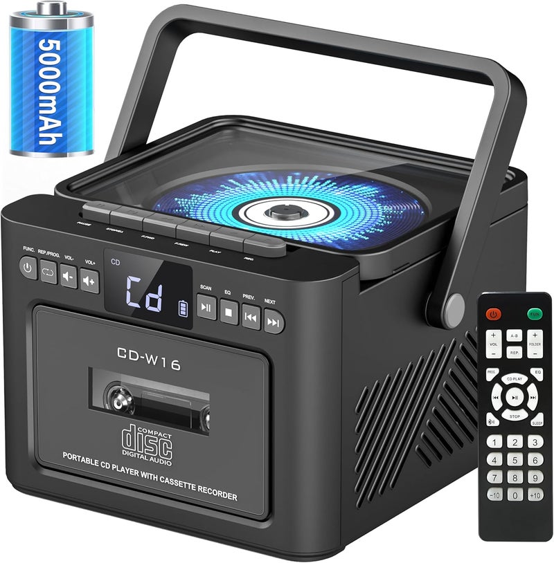 Sunoony Boombox Cassette CD Player Combo with Bluetooth, FM, Remote Control, Tape Recording, AUX/TF/USB Drive, Rechargeable CD Player with Stereo Sound & Headphone Jack, LED Display for Home,Kids,Gift - Image 1