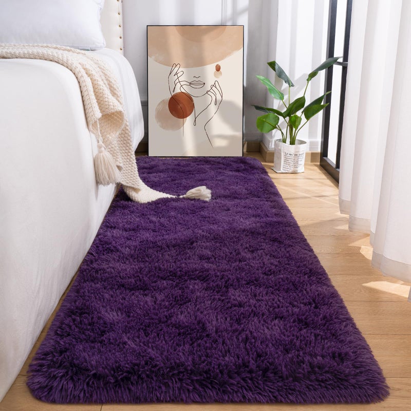 Przemy Fluffy Runner Rug for Bedroom Living Room 2x6 Feet Dark Purple Shag Area Rugs Soft Fuzzy Carpet for Bedside Nursery Kids Room College Dorm Plush Throw Rug for Home Decor