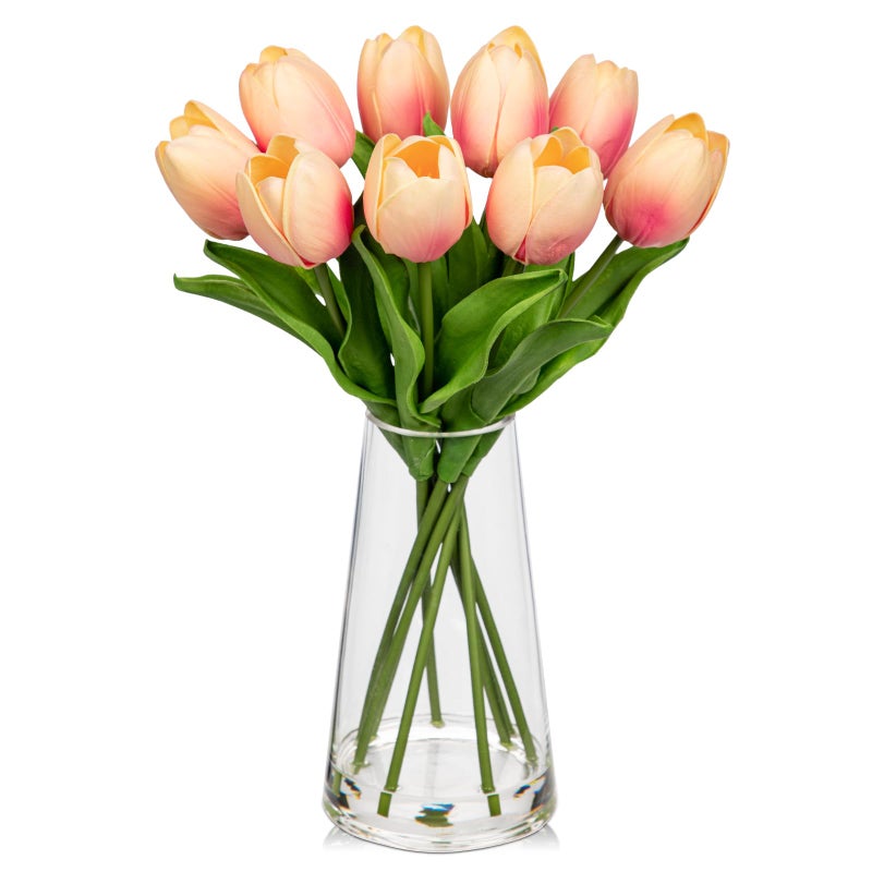 Arborus Fake Tulips Artificial Tulip Flowers in Glass Vase with Faux Water, 14.2" Real Touch Peach Tulip Flowers Spring DÃ©cor for Table Centerpiece Home Farmhouse Resto Wedding Decoration - Image 1