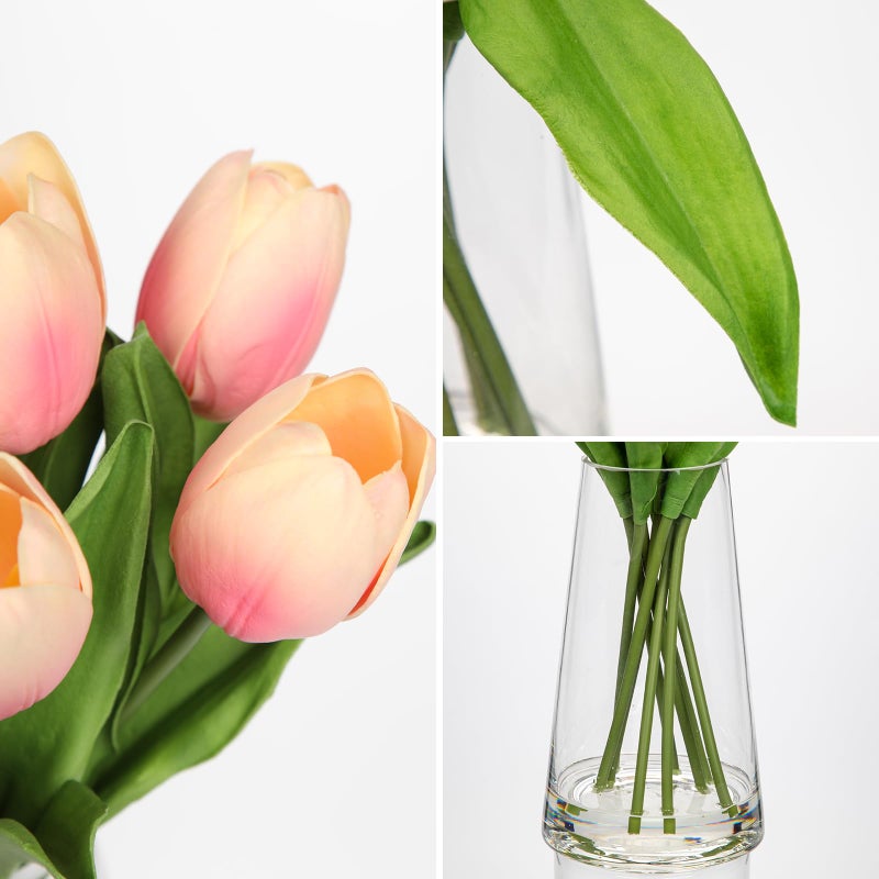 Arborus Fake Tulips Artificial Tulip Flowers in Glass Vase with Faux Water, 14.2" Real Touch Peach Tulip Flowers Spring DÃ©cor for Table Centerpiece Home Farmhouse Resto Wedding Decoration - Image 3
