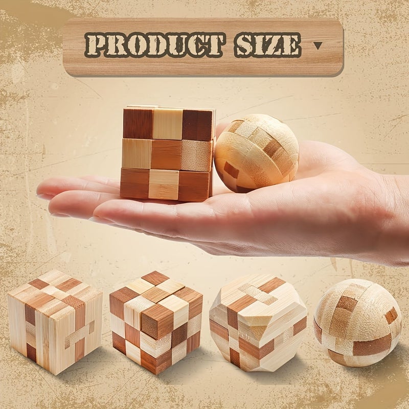 4 قطع مجموعة ألغاز الخيزران الذهنية 3D ألغاز خشبية منطقية مكعب وتحدي الكرة - Image 3