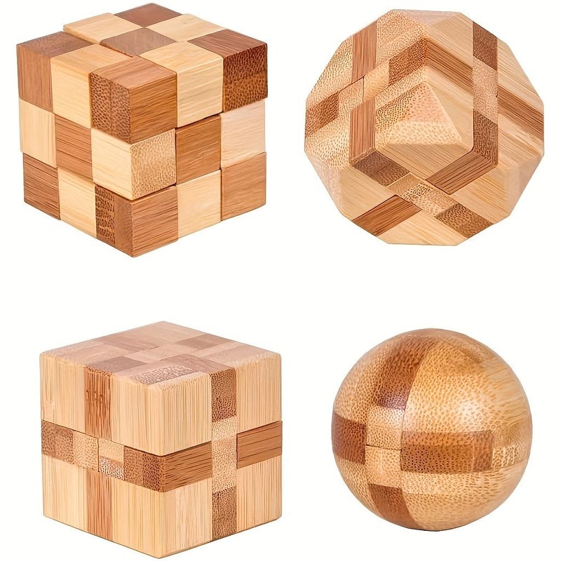4 قطع مجموعة ألغاز الخيزران الذهنية 3D ألغاز خشبية منطقية مكعب وتحدي الكرة - Image 1