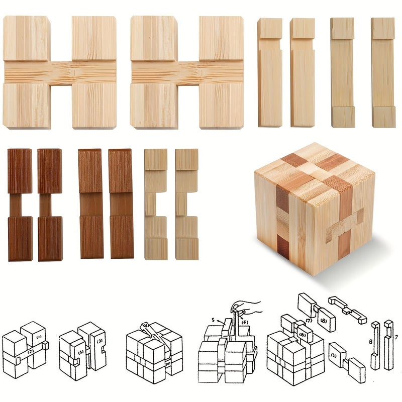 4 قطع مجموعة ألغاز الخيزران الذهنية 3D ألغاز خشبية منطقية مكعب وتحدي الكرة - Image 5