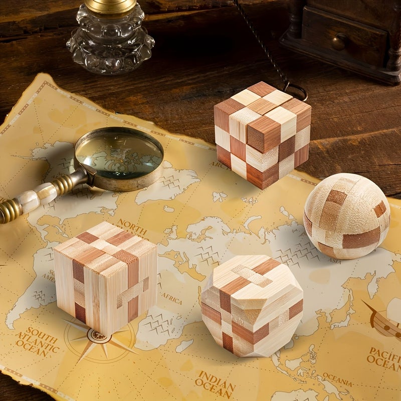 4 قطع مجموعة ألغاز الخيزران الذهنية 3D ألغاز خشبية منطقية مكعب وتحدي الكرة - Image 4