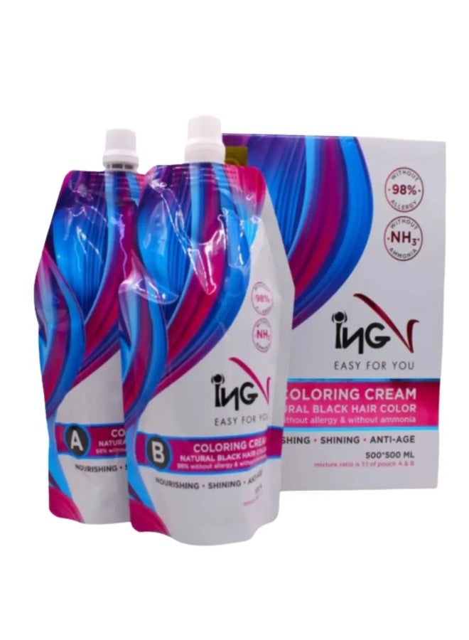 ING Natural Black Hair Coloring Cream Ammonia Free 2x500ml - Image 1