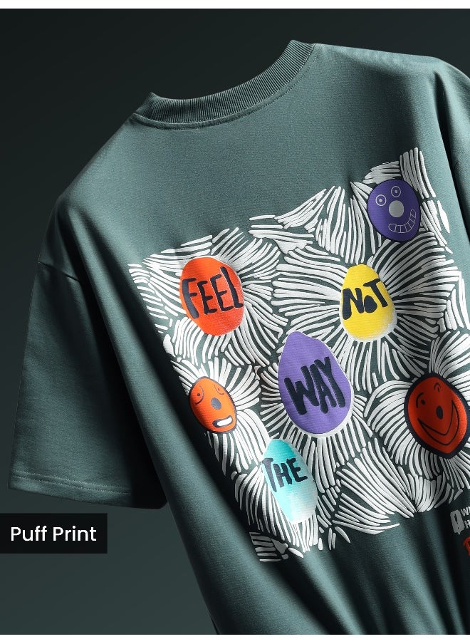Beyoung Teal Green Blooming Puff Printed Oversized T-Shirt  - Image 5