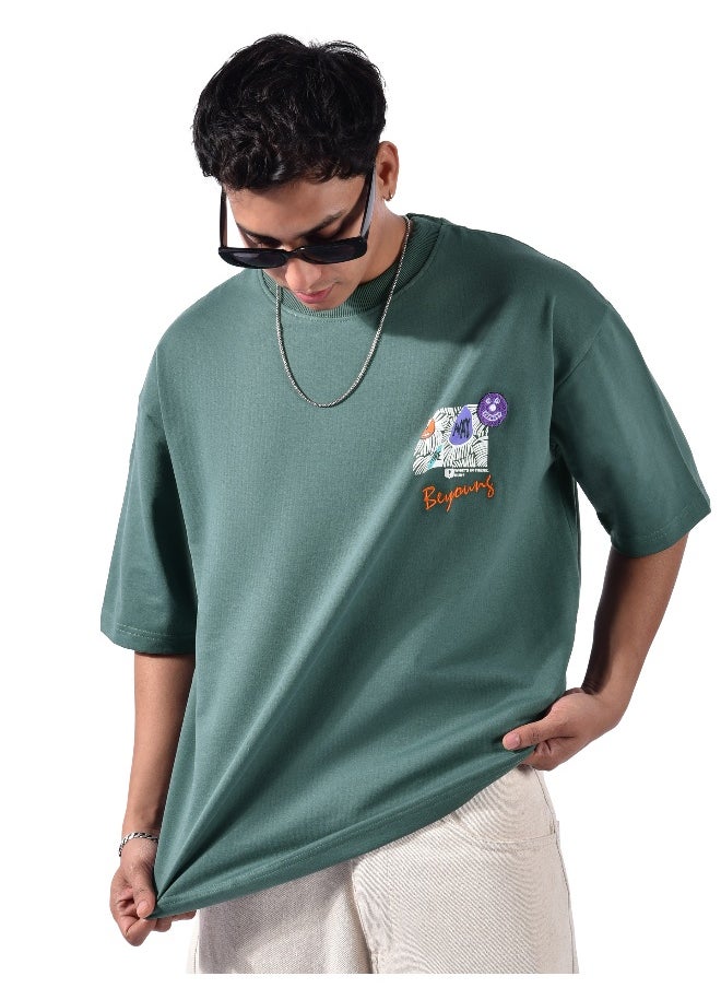 Beyoung Teal Green Blooming Puff Printed Oversized T-Shirt  - Image 3