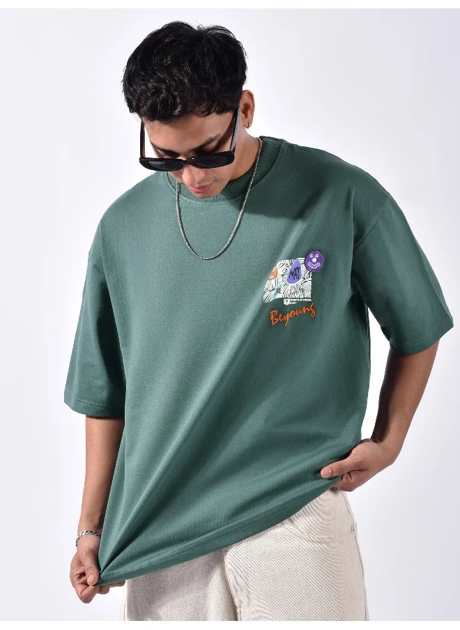 Beyoung Teal Green Blooming Puff Printed Oversized T-Shirt
