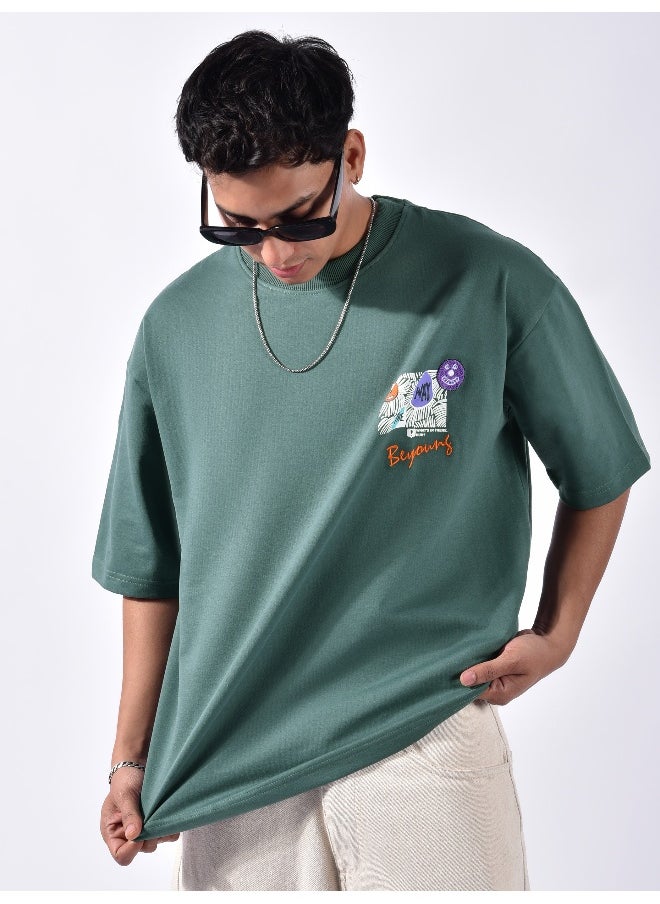 Beyoung Teal Green Blooming Puff Printed Oversized T-Shirt  - Image 2