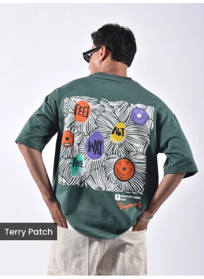 Beyoung Teal Green Blooming Puff Printed Oversized T-Shirt