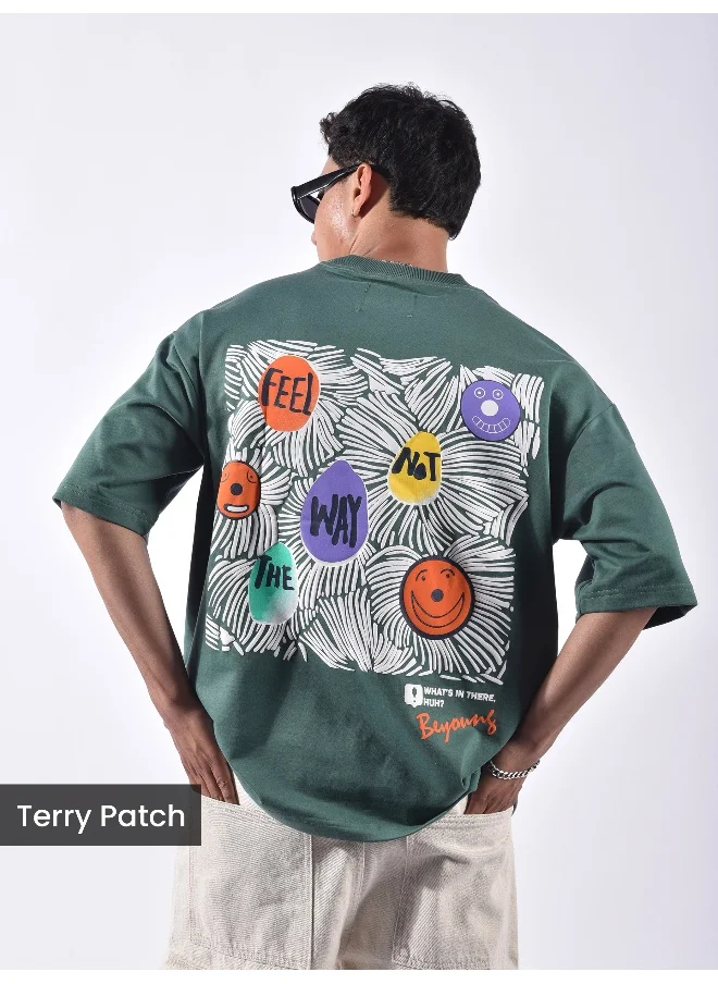 Beyoung Teal Green Blooming Puff Printed Oversized T-Shirt