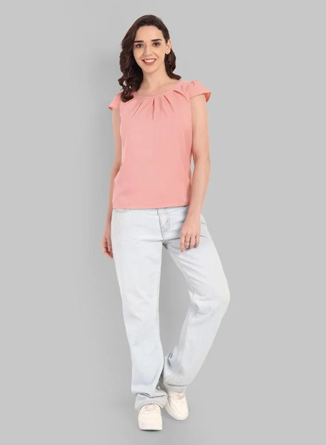 House Of Raeli Peach Solid Cap Sleeves Poly Crepe Top