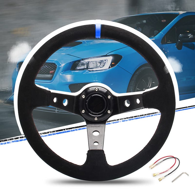 WENJTP 14 350mm Deep Steering WheelDish 6 Bolt with for Sport Racing Steering Suede Wheel Suede Horn Button US Included Cable Wrench Napped Leather Blue