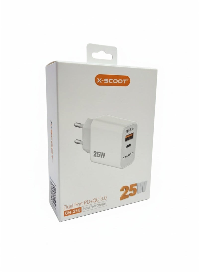 X-SCOOT CH-215 Dual-Port 25W Super Fast Charger with PD & QC 3.0, USB + Type-C Output, High-Speed Power Delivery , Smart Protection System, and Compact Travel-Friendly Design - Image 2