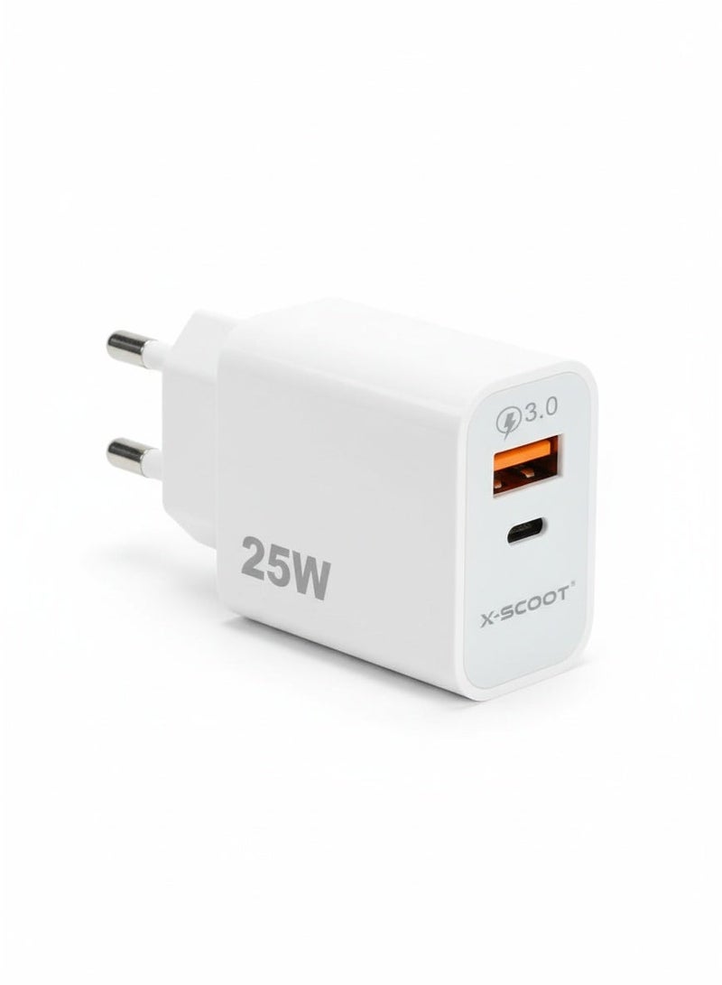 X-SCOOT CH-215 Dual-Port 25W Super Fast Charger with PD & QC 3.0, USB + Type-C Output, High-Speed Power Delivery , Smart Protection System, and Compact Travel-Friendly Design - Image 1